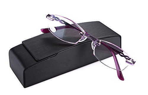 SOOLALA Tinted Purple Lens Diamond Cut Edge Rimless Reading Glasses with Rhinestones