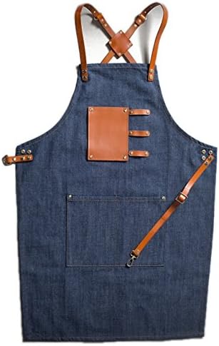 Teamcook A-814 X-Type Cross-Back Professional Apron Natural Washed Denim Long Orange Leather