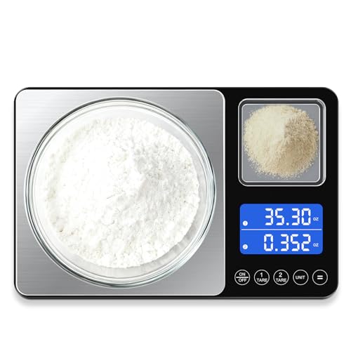 Küchenwaage Digital mit 2 Plattformen, Waage Küche & Hohe Präzision Feinwaage 15kg/1g & 500g/0,01g, 7 Maßeinheiten, Tara- & Summierungsfunktion, LCD A
