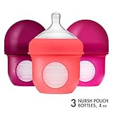 Boon, NURSH Reusable Silicone Pouch Bottle, Air-Free Feeding, 4 Ounce with Stage 1 Slow Flow Nipple (Pack of 3)