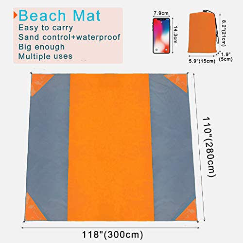 Beach Blanket Oversized 10'X 9' Sandproof Beach Mat Beach Sheet Waterproof Sand Mat with Stakes Lightweight Family Mat for Picnic,Camping,Festival, Beach and Outdoor Activities