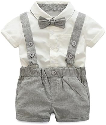 Baby Boy 2Pcs Gentleman Bow Tie Cotton T-shirt Suspenders Shorts Set (6-12Months, Grey)