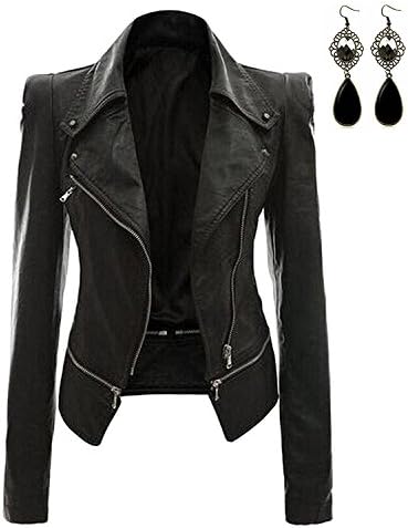 Oioninos Women Leather Jacket Slim Punk Bomber Casual Zipper Short Coat