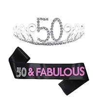 B4MBOO 50th Birthday Tiara and Sash, Happy 50th Birthday Party Supplies, 50 & Fabulous Glitter Satin Sash and Crystal Rhinestone Birthday Crown for Birthday Party Supplies and Decoration