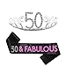 B4MBOO 50th Birthday Tiara and Sash, Happy 50th Birthday Party Supplies, 50 & Fabulous Glitter Satin Sash and Crystal Rhinestone Birthday Crown for Birthday Party Supplies and Decoration Silver
