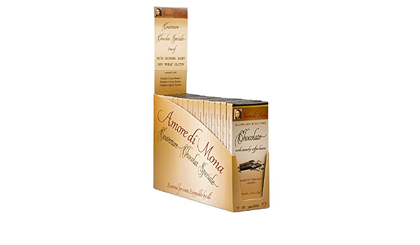 Case Of 15 Amore Di Mona Luxury Dark Chocolate With Crunchy Coffee Bean Bars: Vegan, Free Of Gluten, Milk, Peanuts, Tree Nuts & Soy. All-Natural, Low Glycemic, Allergy Friendly. (858871001271)