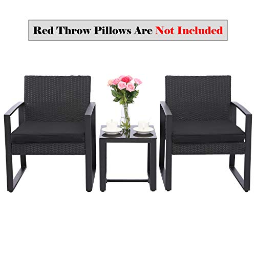 Do4U 3 Pieces Patio Set Outdoor Wicker Patio Furniture Sets Modern Bistro Set Rattan Chairs with Coffee Table Porch Backyard Pool Garden Chairs Set (631-BLK-BLK)