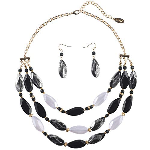 BOCAR Layered Statement Bead Necklace and Earrings Black Costume Jewellery Set for Women Gift (NK-10077-Black)