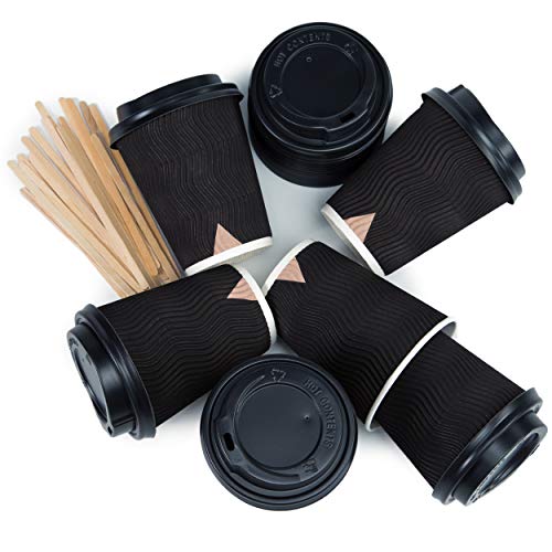 100 Schwarz Gewellt Pappebecher Coffee To Go 360 ml 12 Oz mit Deckel und Holz Rührstäbchen Zum Servieren von Kaffee, Tee, heiÃen und kalten Getränken – Bild 5