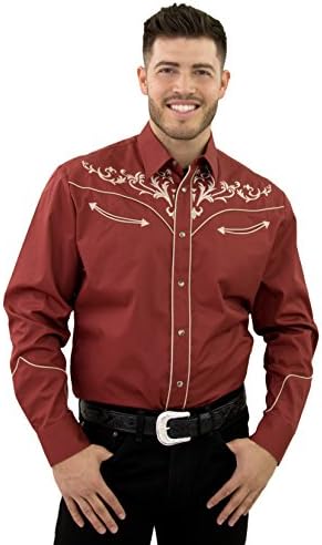 STARR Men's Embroidered Western Snap Cowboy Shirt by Classic Vintage Scroll Design | Smile Pockets | Trim Fit SHC004-RUST-Size-L