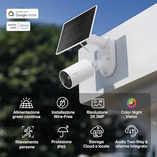 C410 KIT Telecamera WiFi Esterno ad Energia Solare, 2K 3MP, Batteria 6400mAh fino a 180 Giorni dopo una Singola Carica, Visione Notturna a Colori, Allarme Con Rilevamento del Movimento, IP65