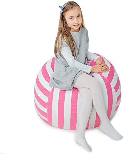 Stuffed Animal Storage Bean Bag -Chair Cover Perfect Toy Storage Solution Beanbag Chair Cover for Stuffies, Blanket, Towel, Pillow Durable Soft 100% Cotton Machine Washable （Pink Stripes 38 Inch) XL