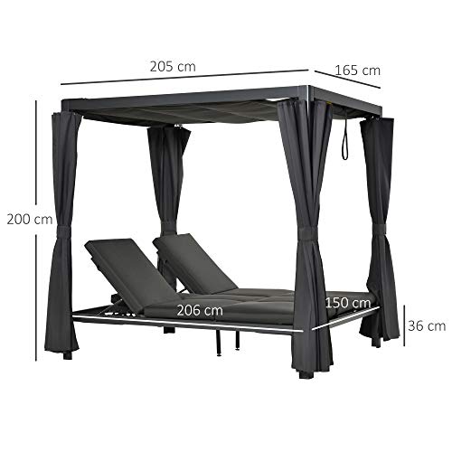 Outsunny Sonnenliege für 2 Personen Doppelliege mit Vorhängen Sonnendach Pavillon Gartenliege Sonnenbett vertsellbar… – Bild 5