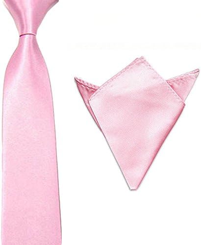 Men Satin Slim Skinny 2'' (5cm) Necktie Pocket Square Set (Pink)