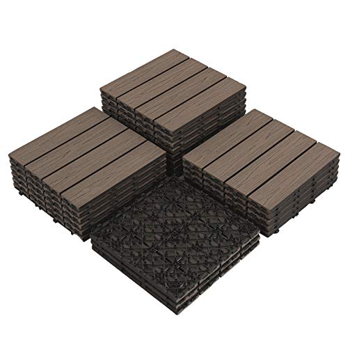 PANDAHOME 22 PCS Deck & Interlocking Flooring Tiles, 12"x12", Wood-Plastic Composite Patio Tiles, Water Resistant for Indoor & Outdoor, 22 sq. ft - Coffee Wood Grain