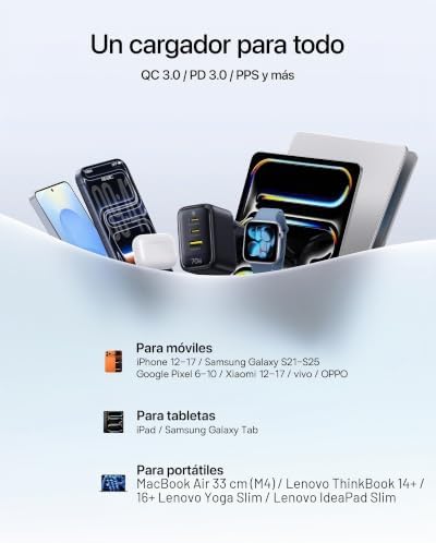 Carregador USB C Enerfill 70W, Carregador Rápido GaN6 de 3 portas, Carregador Compacto para MacBook Air, iPhone 17/16/15 Pro MAX, iPad Pro, Galaxy S25/S24, Pixel, Portátil e muito mais