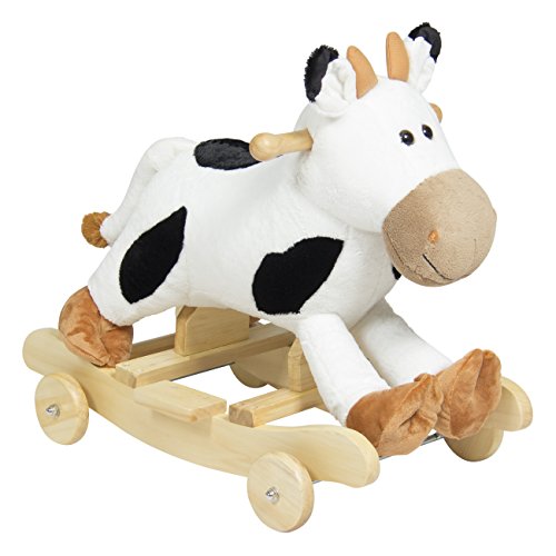 Best Choice Products Kids Ride On Plush Cow Animal Rocker W/ Wheels Children Toy Rocking Chair- White/Black