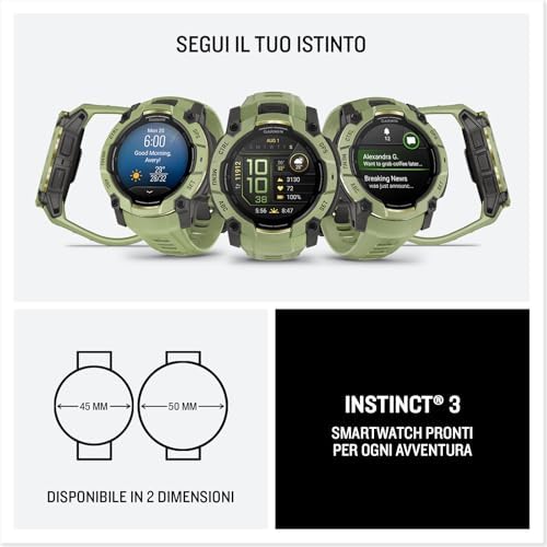 Instinct 3, Smartwatch, 50mm, Display AMOLED 1,3", Lunetta in metallo, 10ATM, GPS Multi-band, Torcia LED, 90+ App per lo Sport, GarminPay, Connect IQ, Autonomia 24 giorni, Fern Green