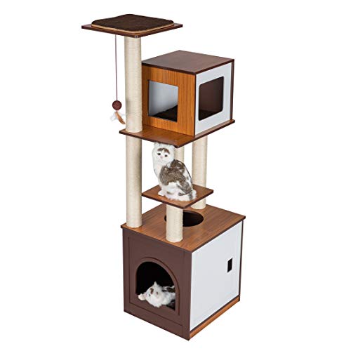 Good Life 60″ Modern Design Wood Deluxe Cat Tree Furniture Kitten House Condo with Washroom for Small to Lager Cats Climbing Tower w/Scratching Post PET594