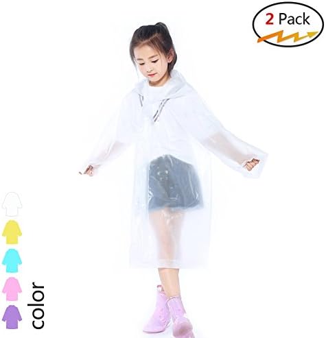 Silkclo 2 Pack Kids Children Rain Ponchos,Portable Reusable Raincoat with Hood and Sleeves,for Theme Parks, Sporting Events, Camping, Traveling, Concerts Or Some Emergencies (White)
