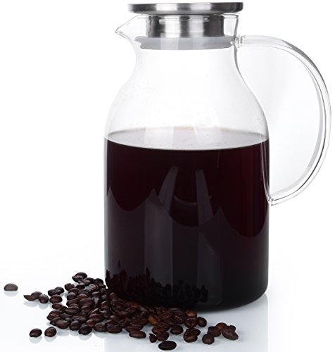 Glass Pitcher With Lid By Golden Spoon: Durable 68oz Glass Carafe With Airtight Cap - MicrowavFreezer Safe Borosilicate Glass For Hot And Cold Liquids - Comes With 2 Stirrers And A Strainer (68 oz)