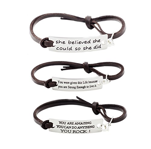 Women Girls Engraved Message Motivational Leather Bracelets Set  Inspirational Charm Friendship Expandable Double Strand Leather Wristband