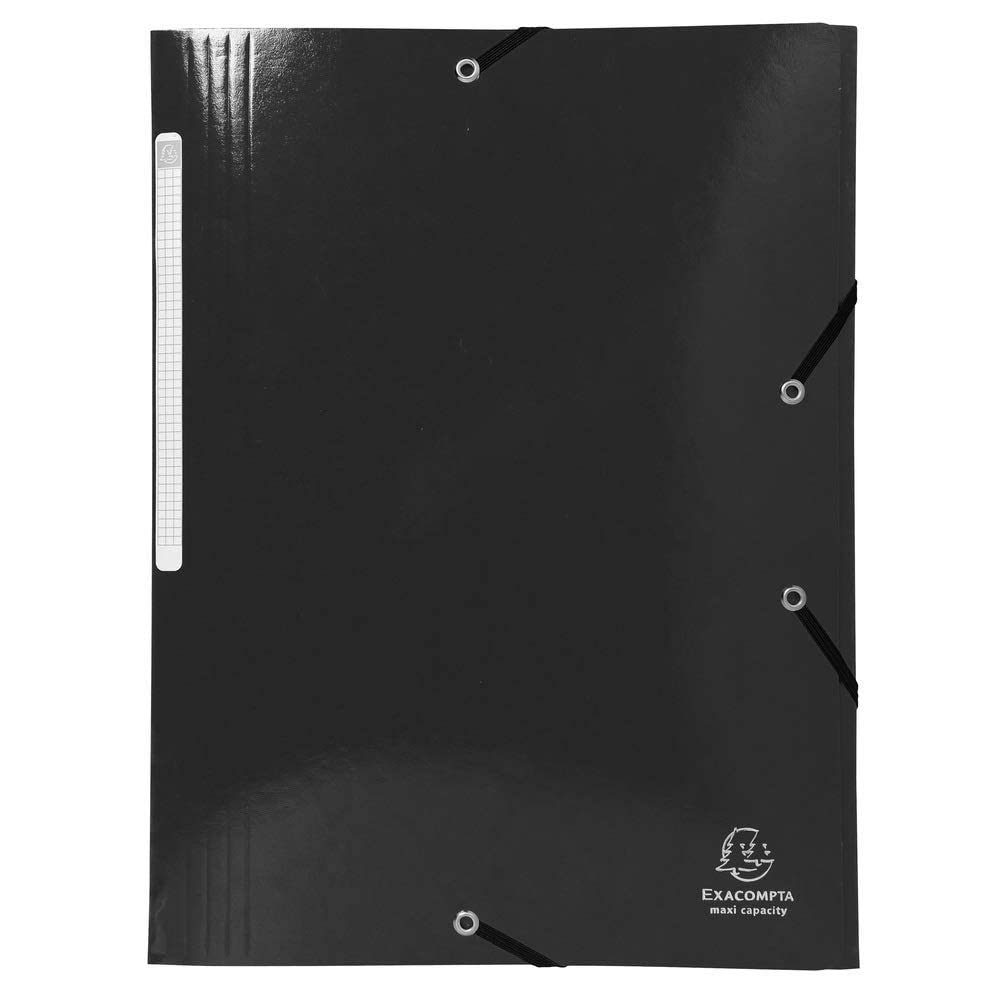 Exacompta - Ref. 55821E - Box of 25 Iderama elastic folders - Maxi Capacity 3 flap pockets - in laminated glossy card 425 g/m2 - size 24 x 32 cm for A4 format - black color