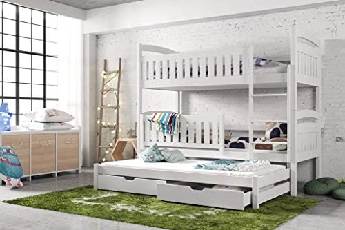 Modern Kids Children Wooden Solid Pine Bunk Trundle Bed BLANKA With Storage Drawers in White with Mattresses sold by Arthauss (Lader on the right)