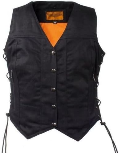 Ladies Motorcycle Black Denim Vest W/7 Pocket,Gun Pockets & Single Back Panel(2XL)