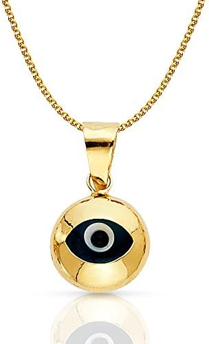 Ioka Jewelry - 14K Yellow Gold Evil Eye Round Charm Pendant with 1.5mm Flat Open Wheat Chain Necklace - 16"