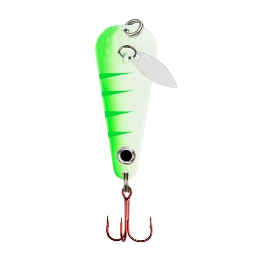 Northland Tackle Ice Fishing Thumper Spoon, Stamped Brass Flutter Spoon Ice Fishing Lure for Walleye, Crappie, & More, 10 Colors, UV Glo Perch, 1/4 Oz