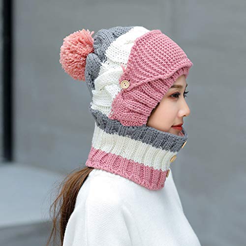Fleece Lined Women Knit Beanie Scarf Mouth Mask Set for Girl Winter Ski Hat with Pom Pom Thicken Ski Earmuffs Cap - Thumbnail 3