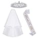 Bachelorette Party Supplies Bride to Be Decorations Kit-White Double Ribbon Edge Center Cascade Bridal Wedding Veil with Comb,Sash and Tiara Crown for Bridal Shower Favor,Hen Party Decor (White)