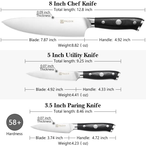 PAUDIN Kitchen Knife Set 3 Piece, Chef Knife Set Professional, 7Cr17Mov