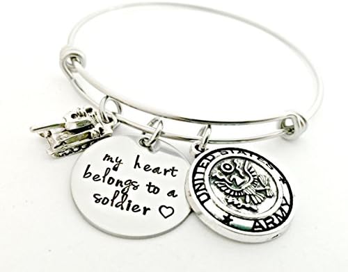 My Heart Belongs to a Soldier Bangle Bracelet - Expandable Charm Bracelet - Deployment Military Wife Fiance Girlfriend Jewelry - Going Away Gift - Hand Stamped Jewelry