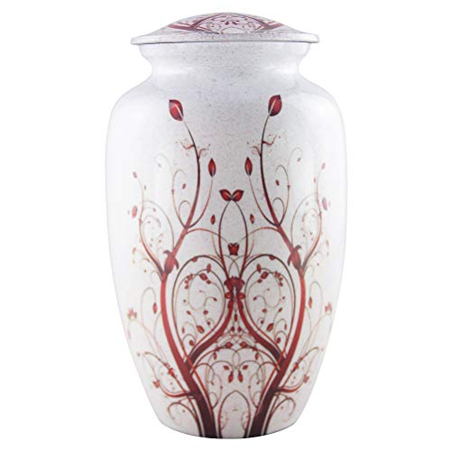 MEILINXU - Funeral Urns for Adults Ashes, Cremation Urn for Human Ashes - Memorials Urns for Ashes -Display Burial Urn at Home or in Niche at Columbarium (Red Flower of Life, Aluminum Large White Urn