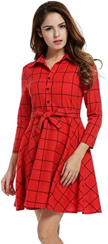 OYTRO Women Lapel 3/4 Sleeve Plaid Belted Casual A-line Swing Shirt Dress