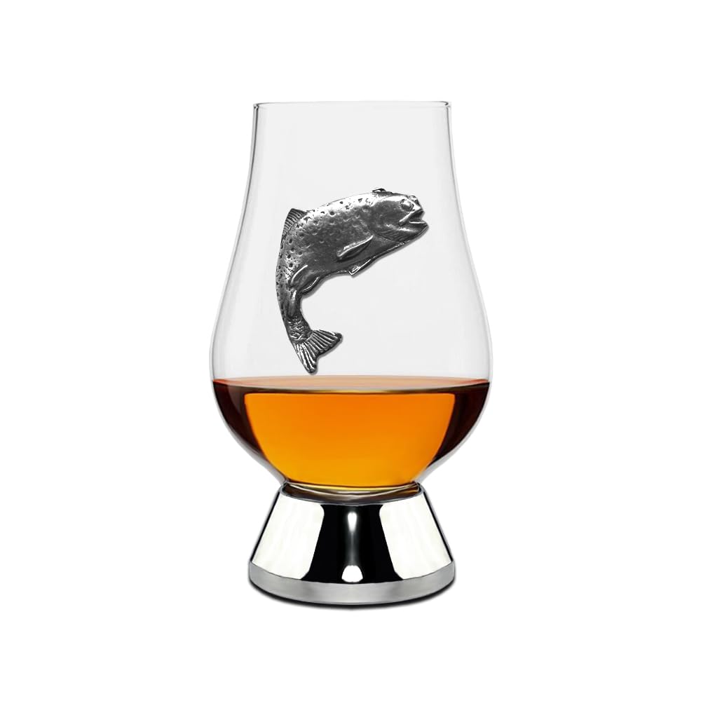 English Pewter Company Wee Glencairn Whisky Glass 70ml with Pewter Trout Fishing Badge and Base [WGP041]