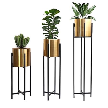 Weston Crafts Modern Planters Stand, Set of 3 Large Planter Pots with Metal Stands, Flower Pot Living Room Decor for Orchid, Aloe, Large Cactus Plants, Black Stand, Golden Pot