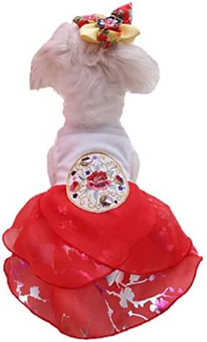 Pet Clothes Lady Improve Dress Hanbok Cotton Apparel Embroider Puppy Korean Traditional Costume (XL : 12(L) 18.8(C) inch, Red)