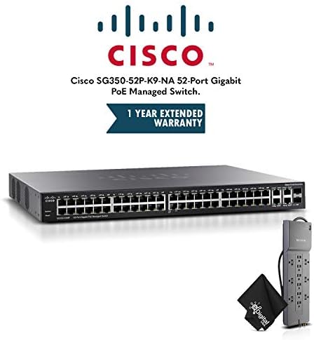 Cisco SG350-52P-K9-NA 52-Port Gigabit PoE Managed Switch with 1 Year Extended Warranty and Belkin Powerstrip Bundle