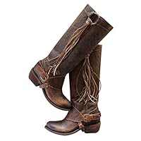 Youzpin Womens Long Boots PU Leather Shoes Knee Length Tassel Low Heels High Bootie Vintage