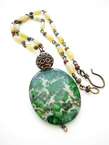 Yellow Opal Green Jasper Beaded Gemstone Pendant Necklace Artisan Handcrafted Statement Jewelry