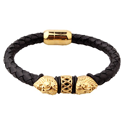 Genuine black leather with gold tone lion head men stai…