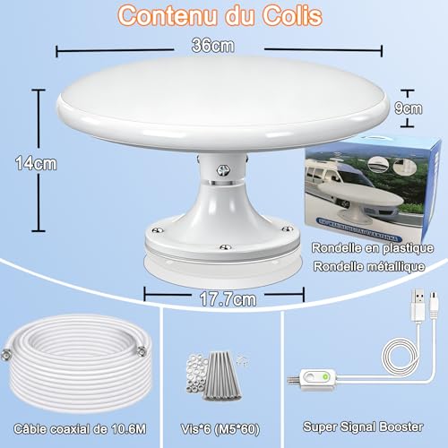 Antenne TV Exterieure Puissante DVB-T/DVB-T2, Réception Omnidirectionnelle 720° Antenne TNT Exterieur, pour Camping Car, Caravane, Fourgon, Van, Camion, Bateau (White-RV01)