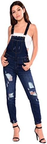 Qisc Jeans, Women's Adjustable Strap Ripped Distressed Hole Bib Stretch Overalls Jeans Demin Trousers (XXXL, Blue)