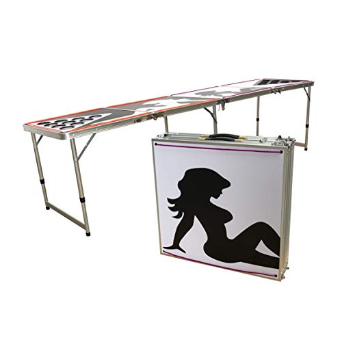 LED Lights Beer Pong Table with Holes for Cups 8' Aluminum Portable Adjustable Folding Indoor Outdoor Tailgate Drinking Party Game Squad Show Girl 01