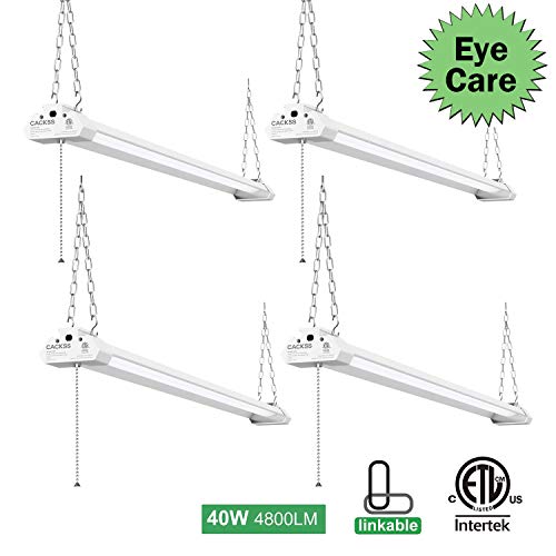 CACKSS LED Shop Lights 4 Pack, 4FT 40W 4800LM 5000K Daylight White, Linkable Worklight Fixture with Pull Chain(On/Off), ETL Listed
