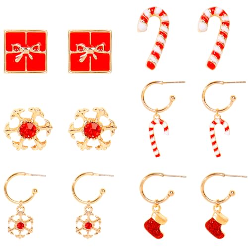 QLYOVWE Christmas Earrings Set for Women Sparkly Crystal Reindeer Snowflake Bow Stud Earrings Gingerbread Man Gift Box Candy Hoop Earring Christmas Holiday Party Decorations (Candy Cane) at Amazon