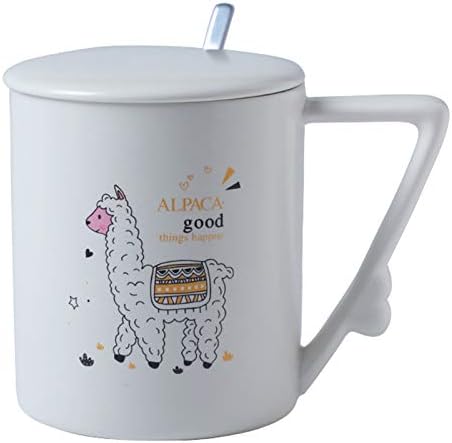Ceramic Cartoon Alpaca Mug with Lid Spoon Large Capacity Milk Coffee Cup 401-500ml A